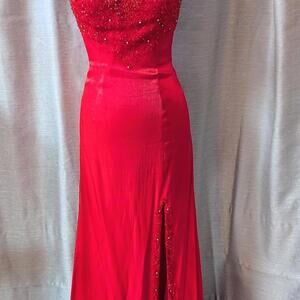Red Shiny Beaded Jessica Rabbit Dress Strapless High Slit Alfred Angelo Sz XS S